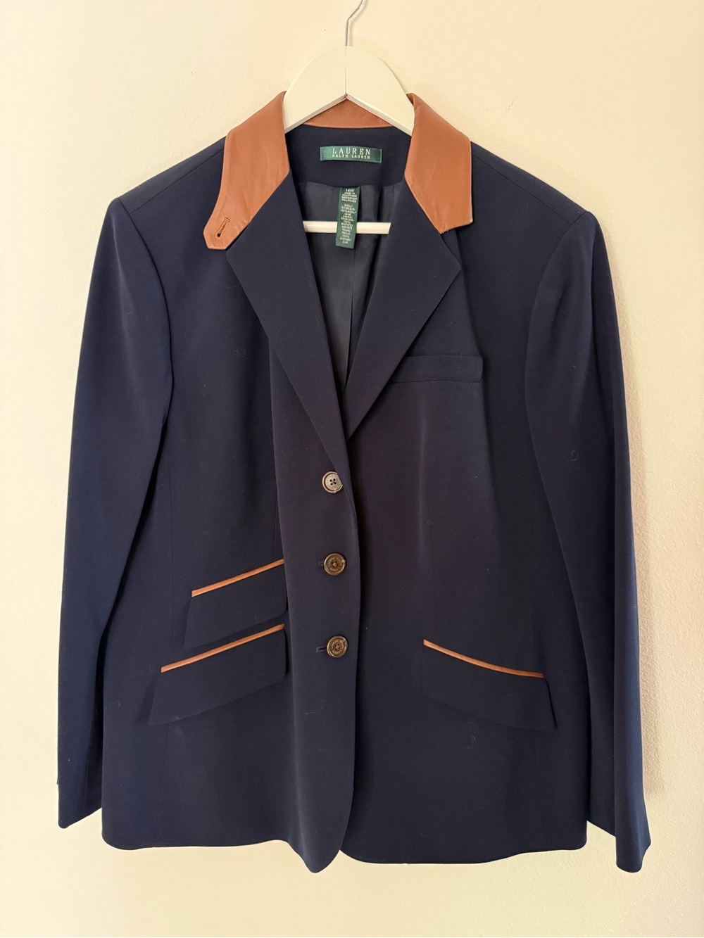 Lauren Ralph Lauren Wool Blazer 14W Navy Leather Collar Equestrian Riding Jacket